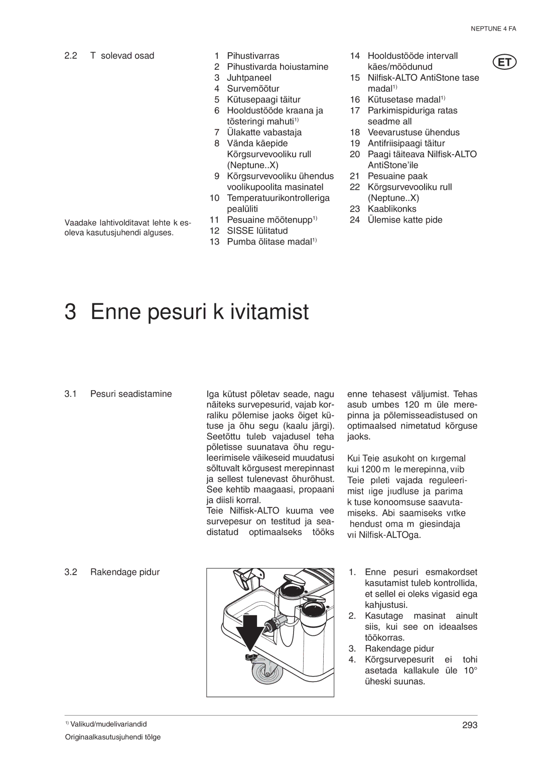 Nilfisk-ALTO 4 FA operating instructions Enne pesuri käivitamist, Töösolevad osad, Pesuri seadistamine Rakendage pidur 