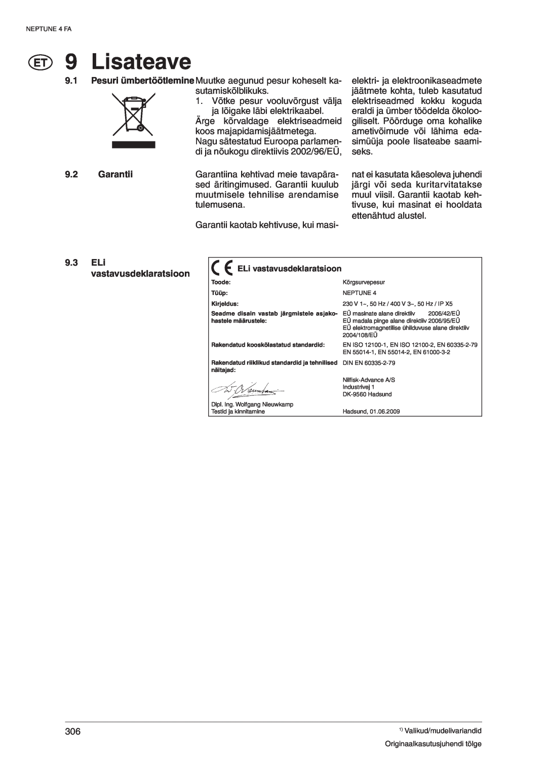 Nilfisk-ALTO 4 FA operating instructions Lisateave, Garantii, ELi vastavusdeklaratsioon 