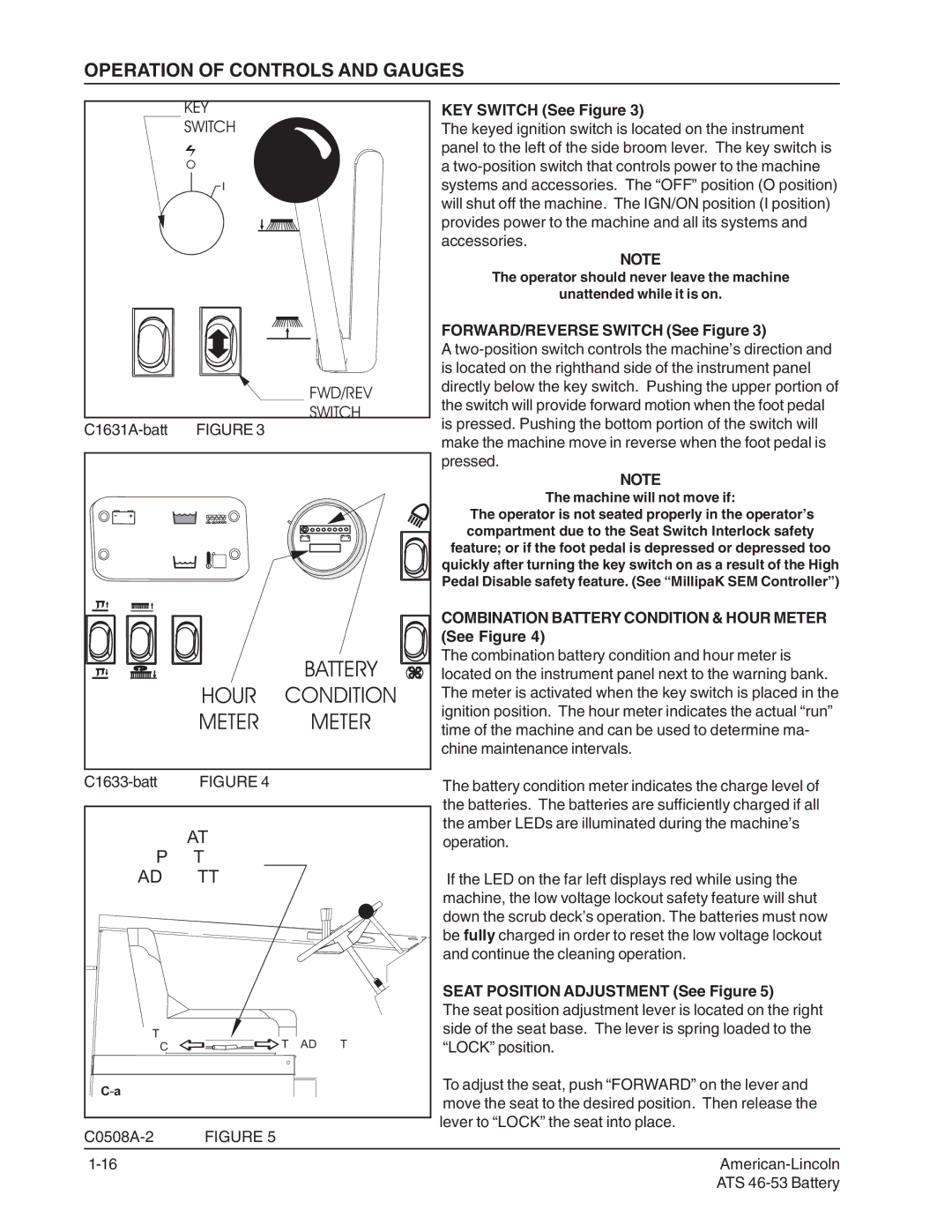 Nilfisk-ALTO 46/53 KEY Switch See Figure, FORWARD/REVERSE Switch See Figure, Combination Battery Condition & Hour Meter 