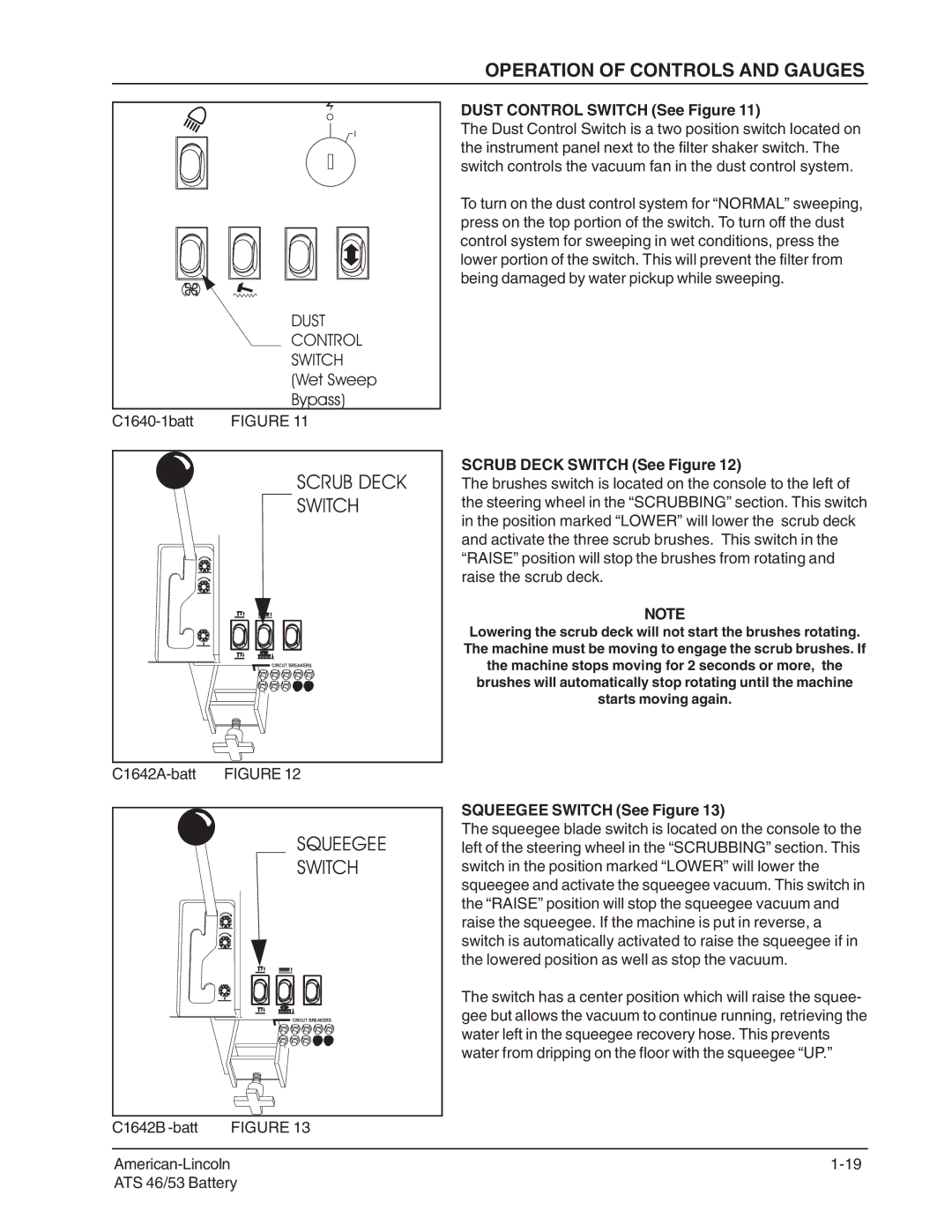 Nilfisk-ALTO 46/53 manual Dust Control Switch See Figure, Scrub Deck Switch See Figure, Squeegee Switch See Figure 