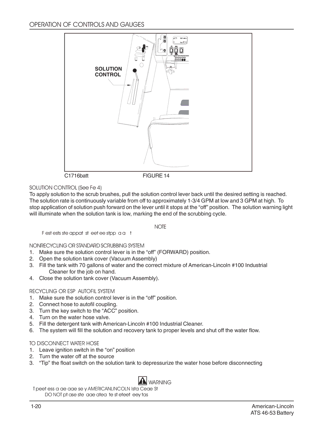 Nilfisk-ALTO 46/53 manual Solution Control See Figure, NON-RECYCLING or Standard Scrubbing System, To Disconnect Water Hose 