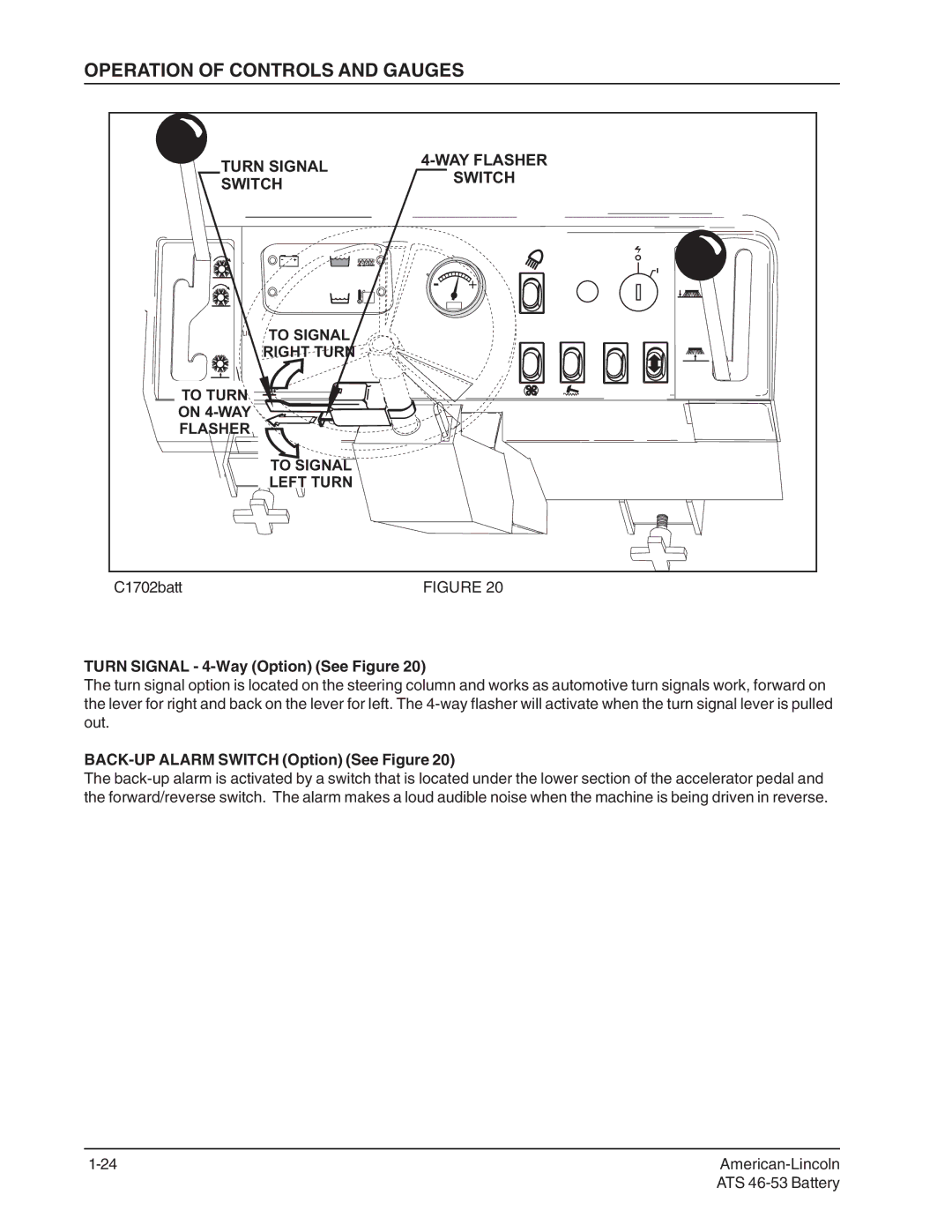 Nilfisk-ALTO 46/53 manual C1702batt Turn Signal 4-Way Option See Figure, BACK-UP Alarm Switch Option See Figure 