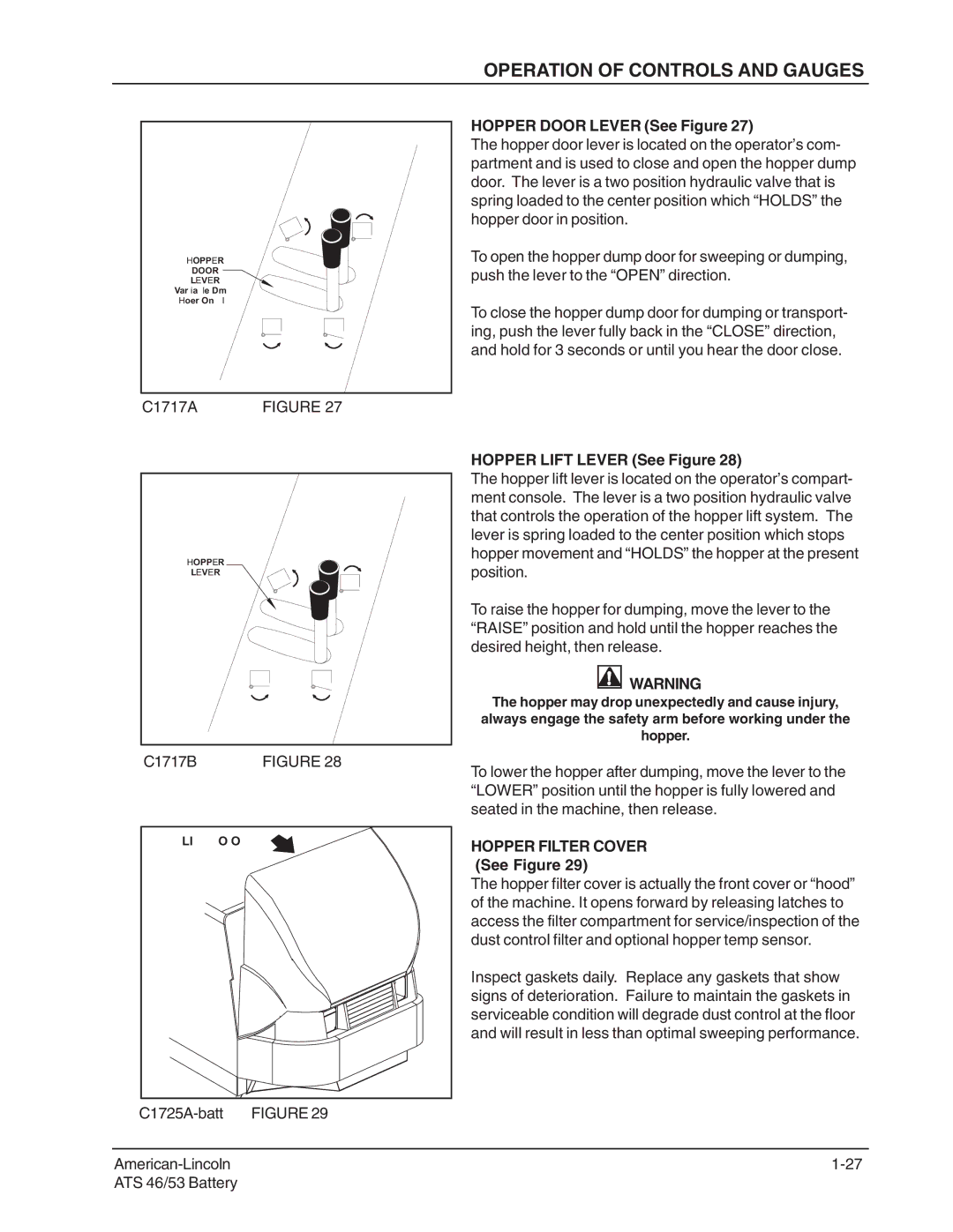 Nilfisk-ALTO 46/53 manual Hopper Door Lever See Figure, Hopper Filter Cover See Figure 