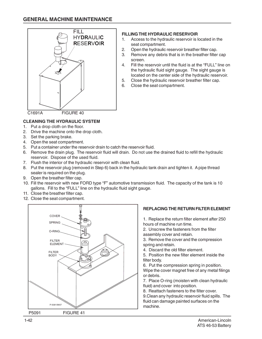 Nilfisk-ALTO 46/53 manual General Machine Maintenance, Fill Hydraulic Reservoir, Filling the Hydraulic Reservoir 