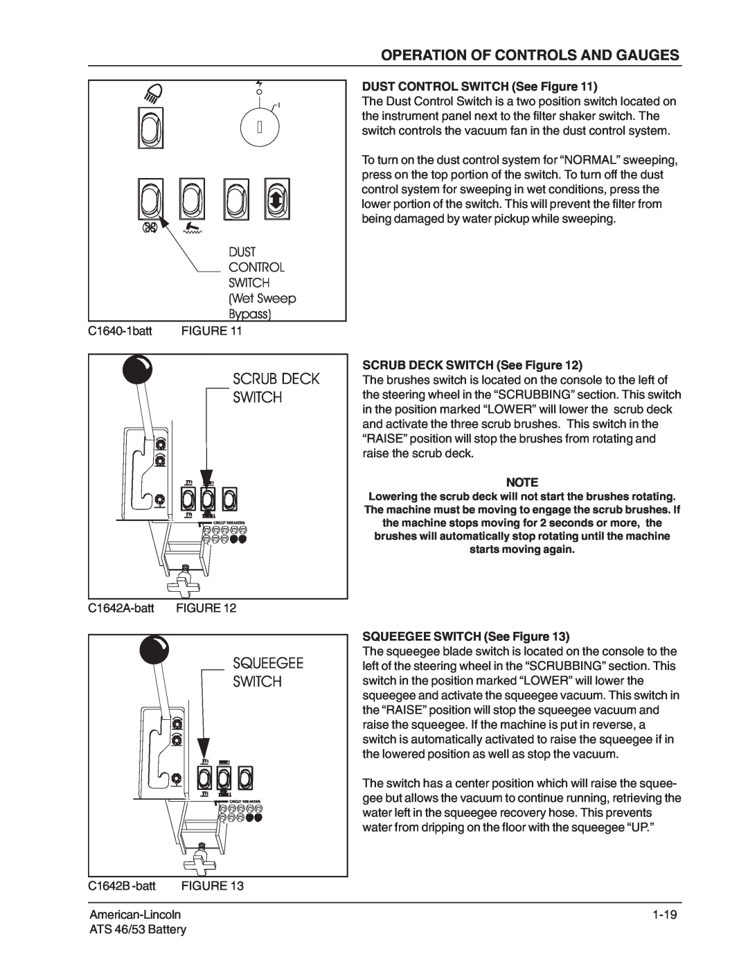 Nilfisk-ALTO 46/53 manual Scrub Deck Switch, DUST CONTROL SWITCH See Figure, SCRUB DECK SWITCH See Figure 
