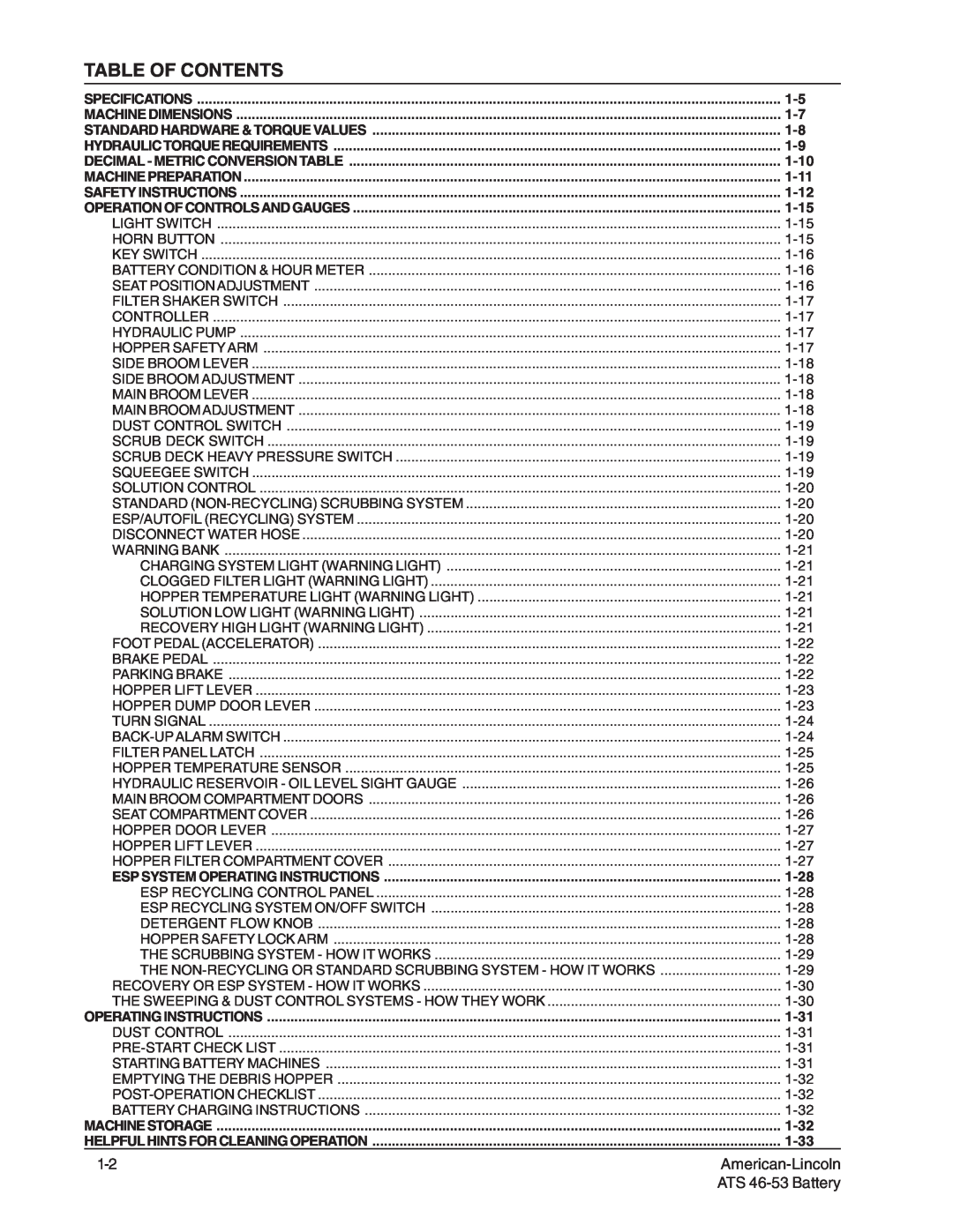 Nilfisk-ALTO 46/53 manual Table Of Contents, American-Lincoln, ATS 46-53Battery 