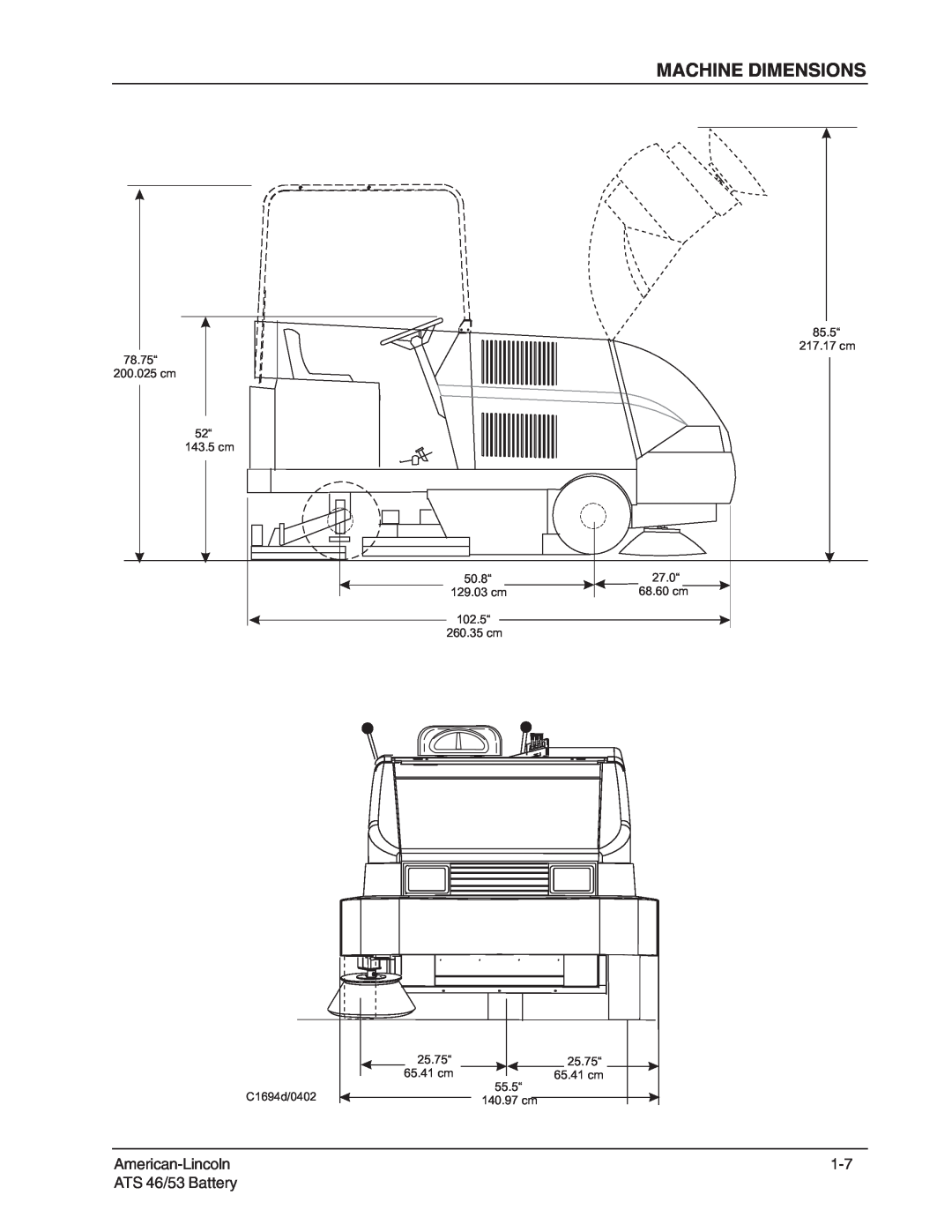 Nilfisk-ALTO manual Machine Dimensions, American-Lincoln, ATS 46/53 Battery, 65.41 cm, 140.97 cm 