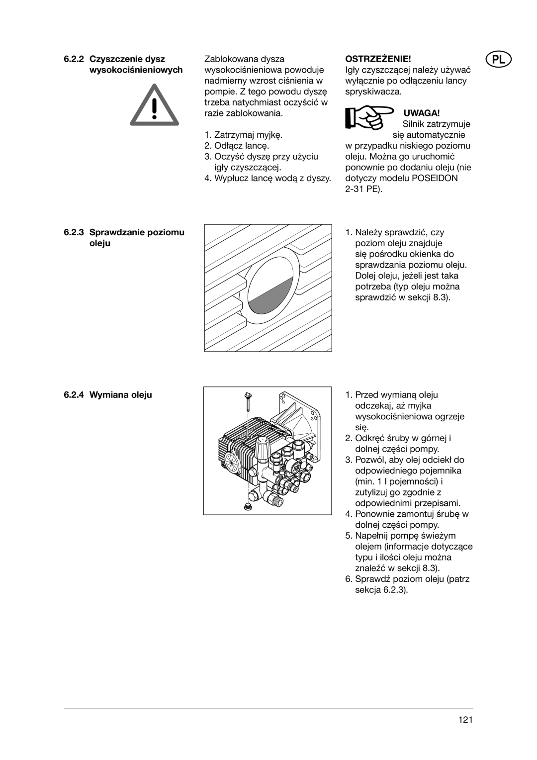 Nilfisk-ALTO 5-47, 5-54 DE, 5-53 PE, 3-36 Czyszczenie dysz, Wysokociśnieniowych, Sprawdzanie poziomu oleju Wymiana oleju 