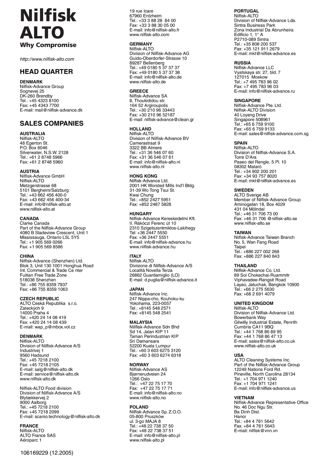 Nilfisk-ALTO 5-47, 5-54 DE, 5-53 PE, 3-36 user manual Head Quarter 