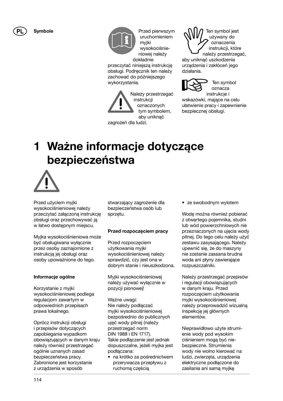 Nilfisk-ALTO 3-36, 5-54 DE, 5-53 PE Ważne informacje dotyczące bezpieczeństwa, Przed rozpoczęciem pracy, Informacje ogólne 