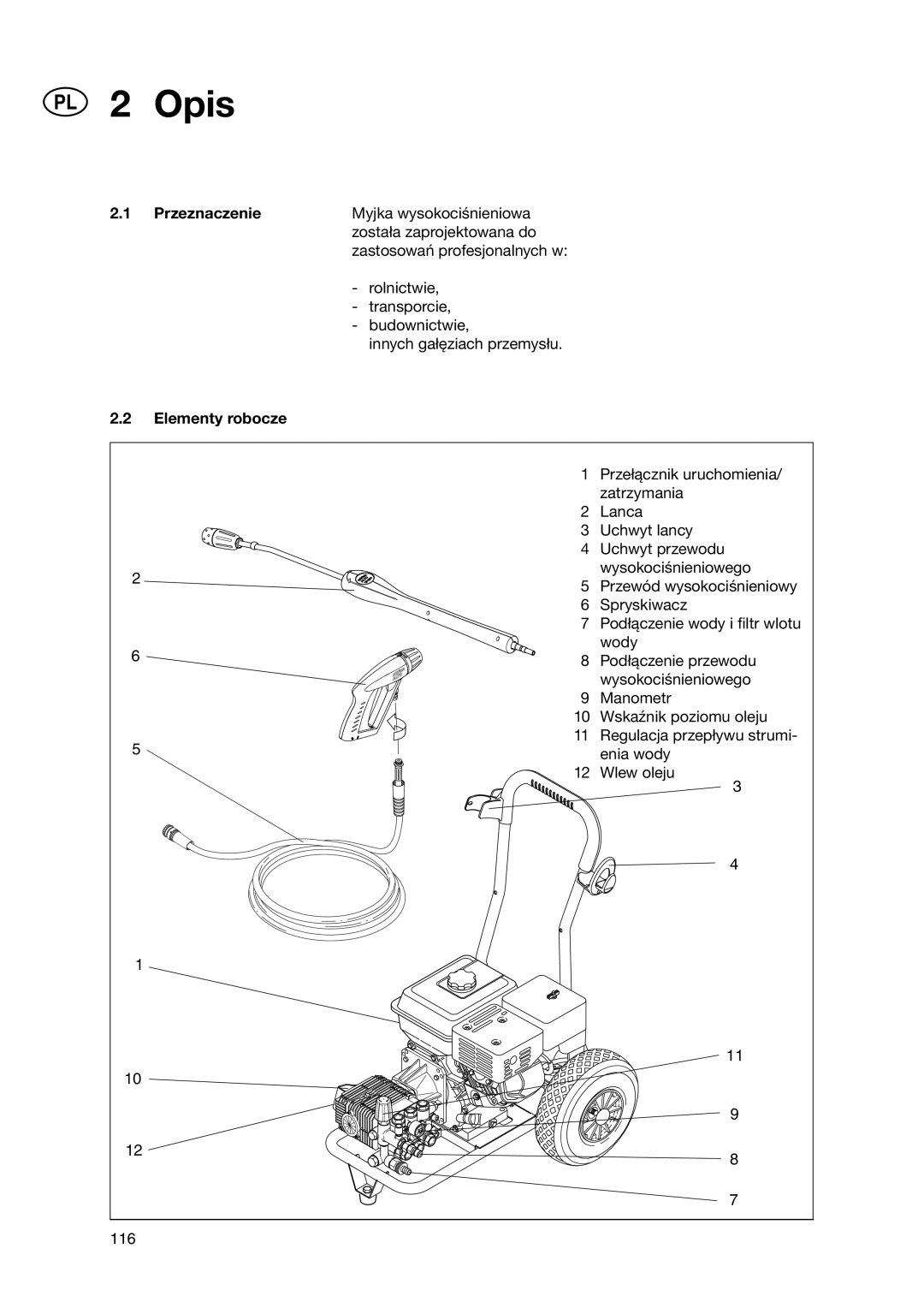 Nilfisk-ALTO 5-53 PE, 5-54 DE, 5-47, 3-36 user manual PL 2 Opis, Przeznaczenie, Elementy robocze 