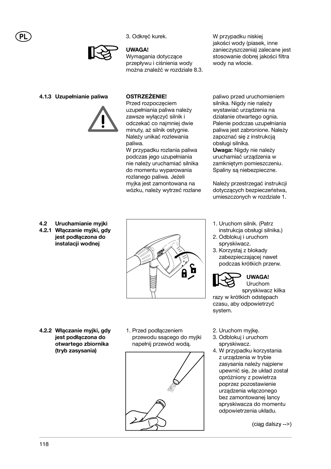 Nilfisk-ALTO 3-36, 5-54 DE, 5-53 PE, 5-47 user manual Uzupełnianie paliwa, Ostrzeżenie 