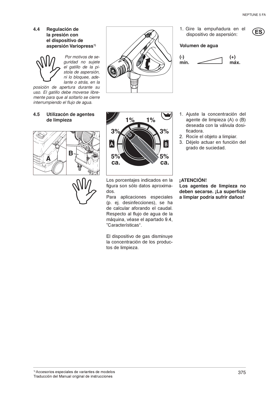 Nilfisk-ALTO 5 FA operating instructions Volumen de agua Mín, Utilizacón de agentes de limpieza 