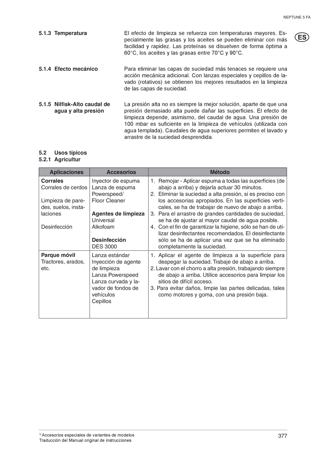 Nilfisk-ALTO 5 FA operating instructions Temperatura, Efecto mecánico, Agua y alta presión 