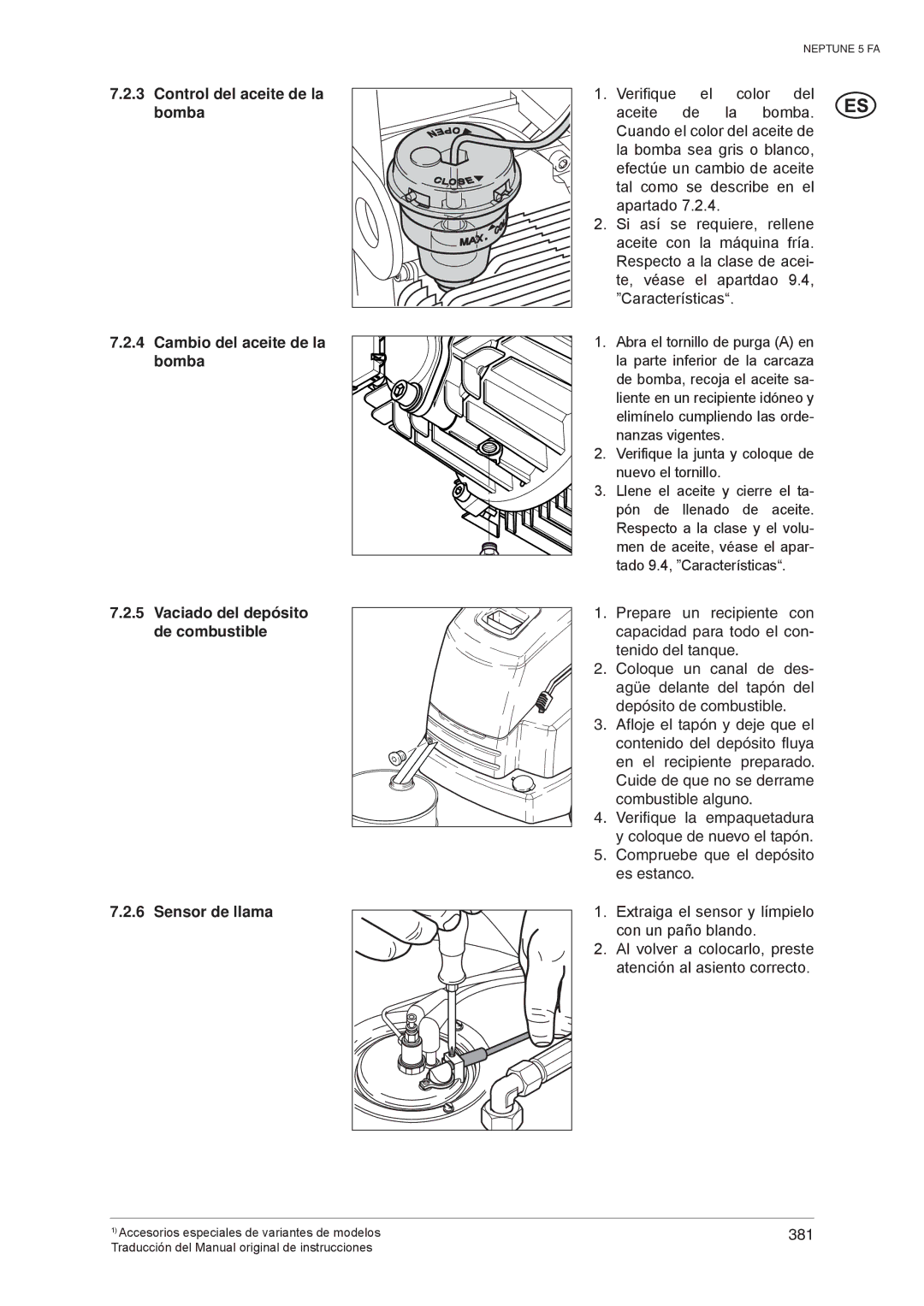 Nilfisk-ALTO 5 FA Control del aceite de la bomba, Cambio del aceite de la bomba, Vaciado del depósito, De combustible 