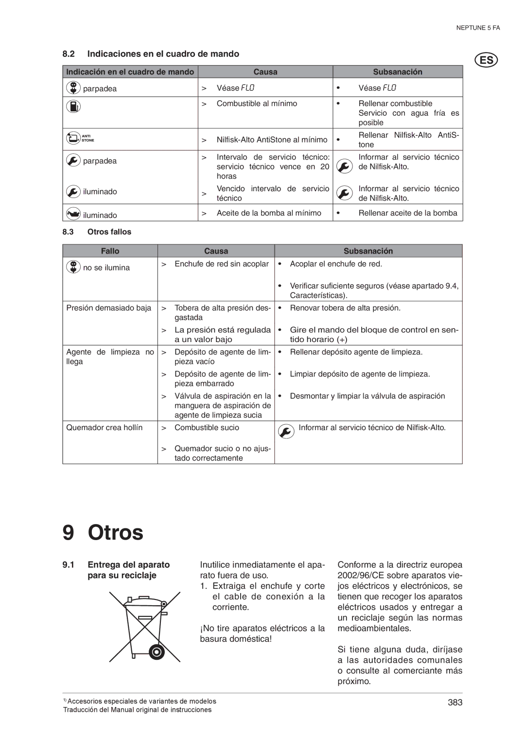 Nilfisk-ALTO 5 FA operating instructions Indicaciones en el cuadro de mando, Entrega del aparato, Para su reciclaje 