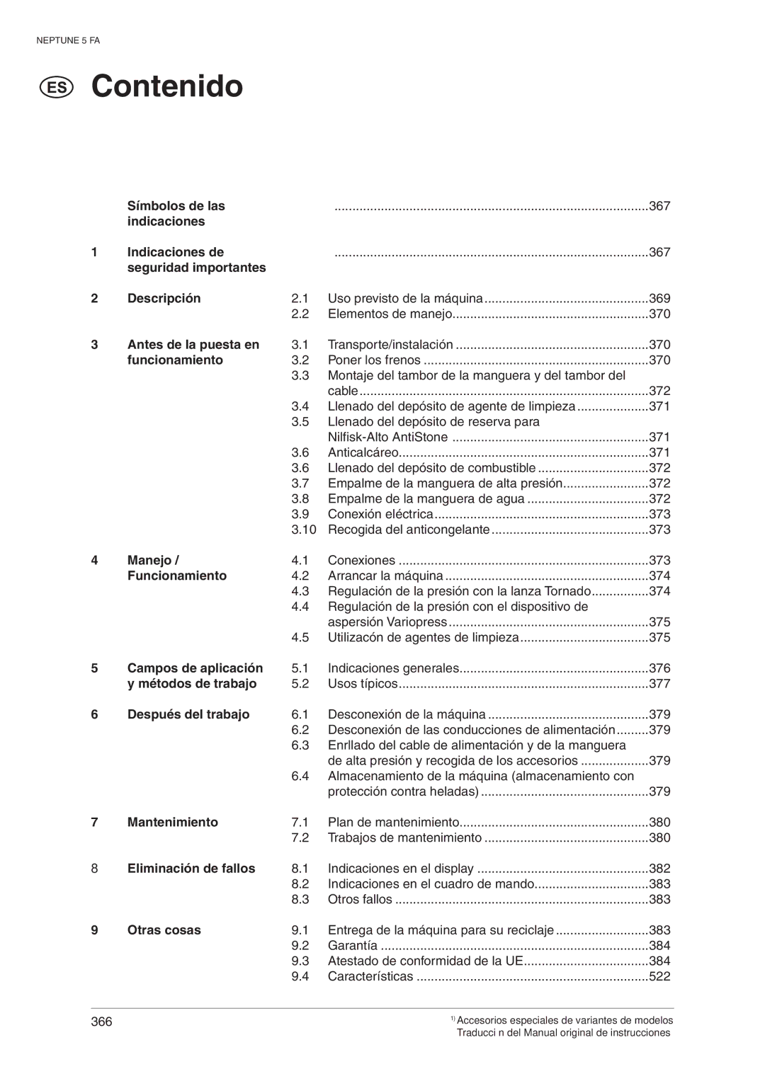 Nilfisk-ALTO 5 FA Símbolos de las, Indicaciones Indicaciones de, Seguridad importantes Descripción, Antes de la puesta en 