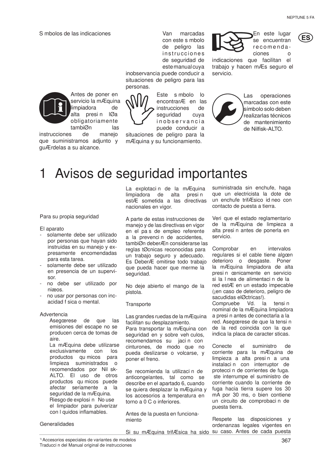 Nilfisk-ALTO 5 FA operating instructions Avisos de seguridad importantes 