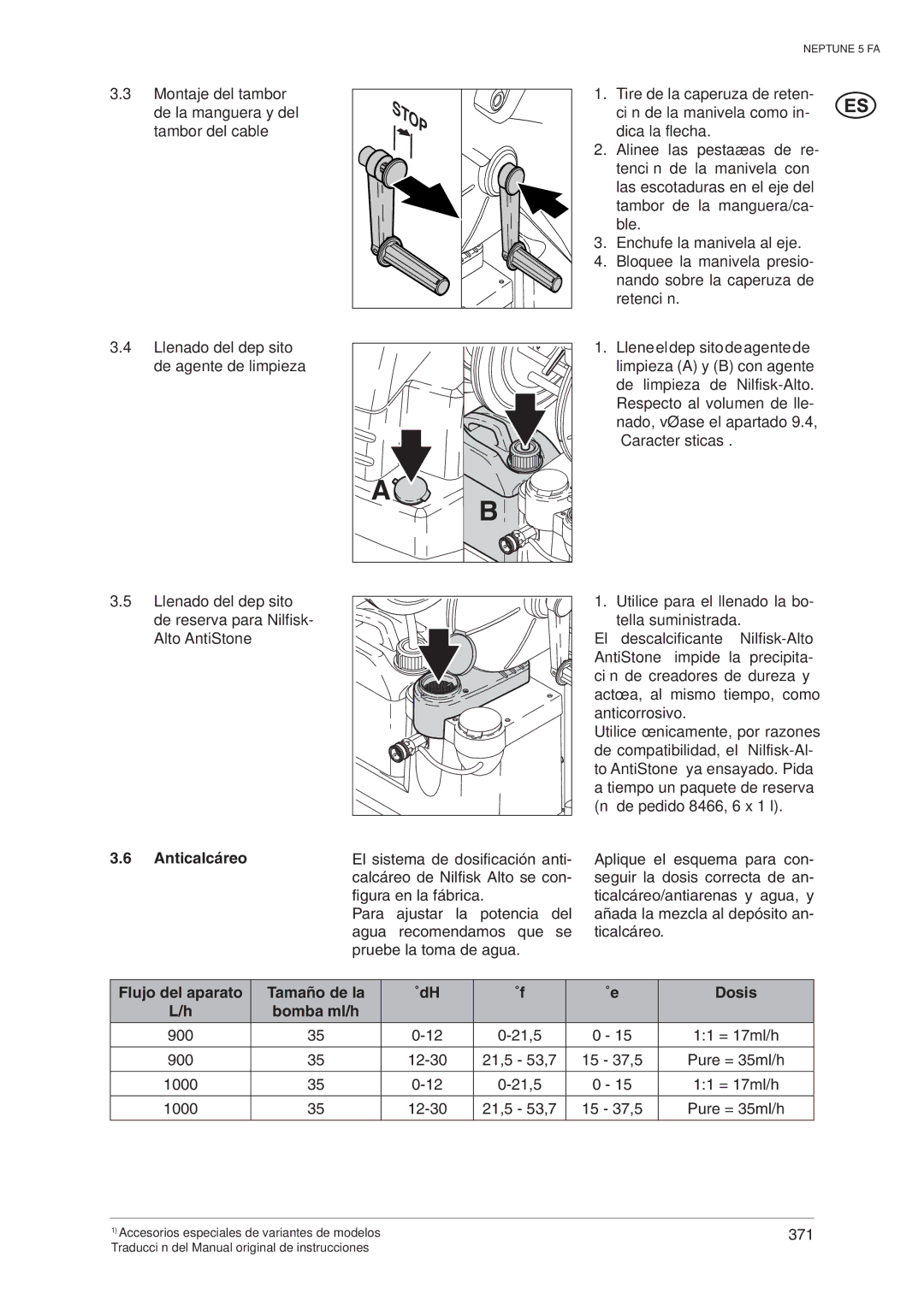 Nilfisk-ALTO 5 FA operating instructions Montaje del tambor de la manguera y del tambor del cable, Anticalcáreo 