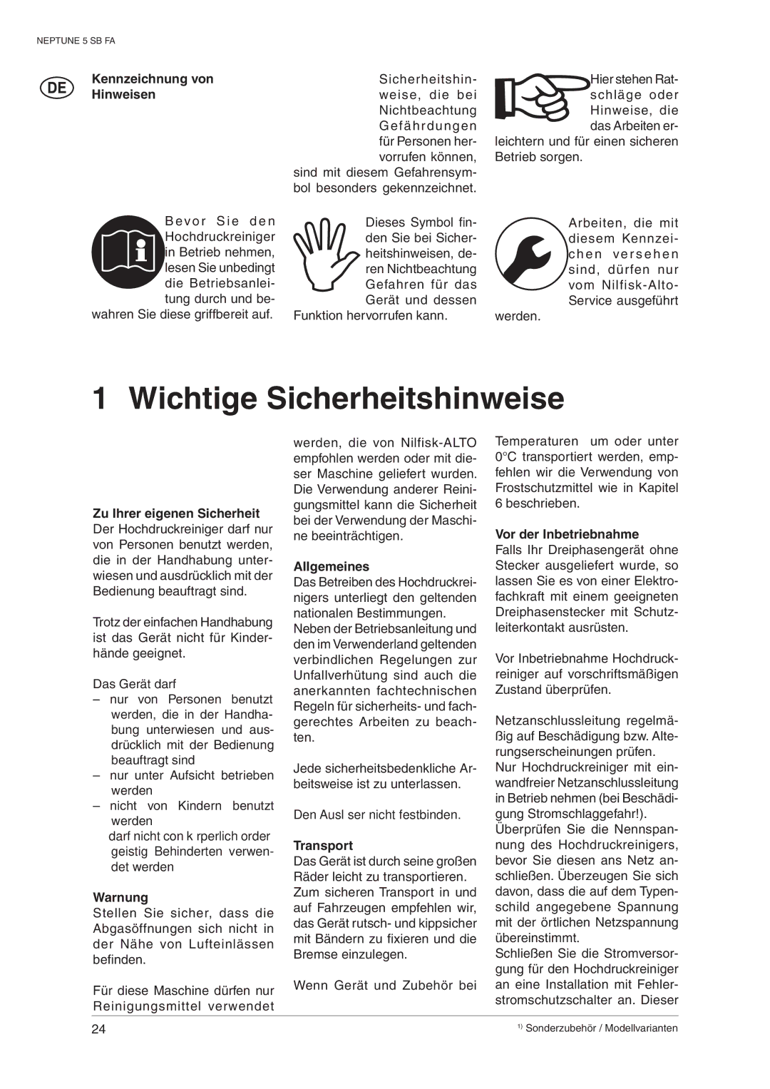 Nilfisk-ALTO 5 SB FA operating instructions Wichtige Sicherheitshinweise, Kennzeichnung von, Warnung, Allgemeines 