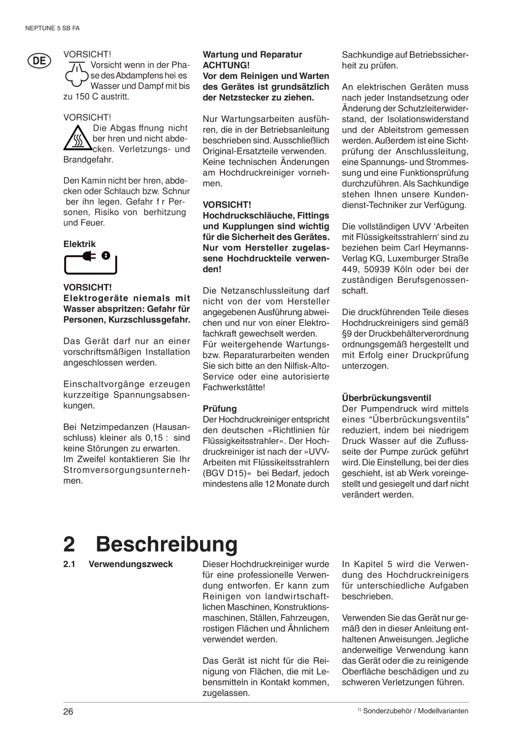 Nilfisk-ALTO 5 SB FA operating instructions Beschreibung, Elektrik, Wartung und Reparatur, Prüfung, Überbrückungsventil 