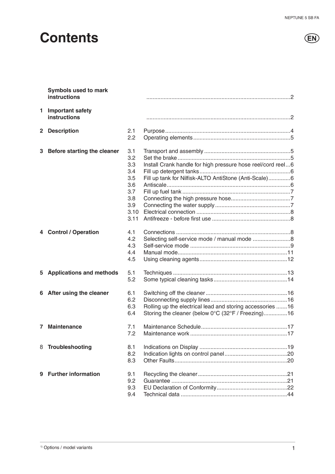 Nilfisk-ALTO 5 SB FA operating instructions Contents 