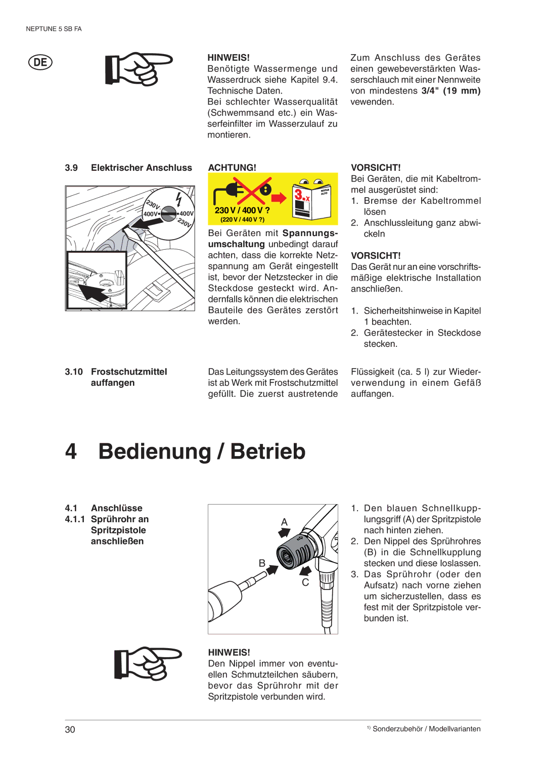 Nilfisk-ALTO 5 SB FA Bedienung / Betrieb, Elektrischer Anschluss Achtung, Frostschutzmittel, Auffangen 