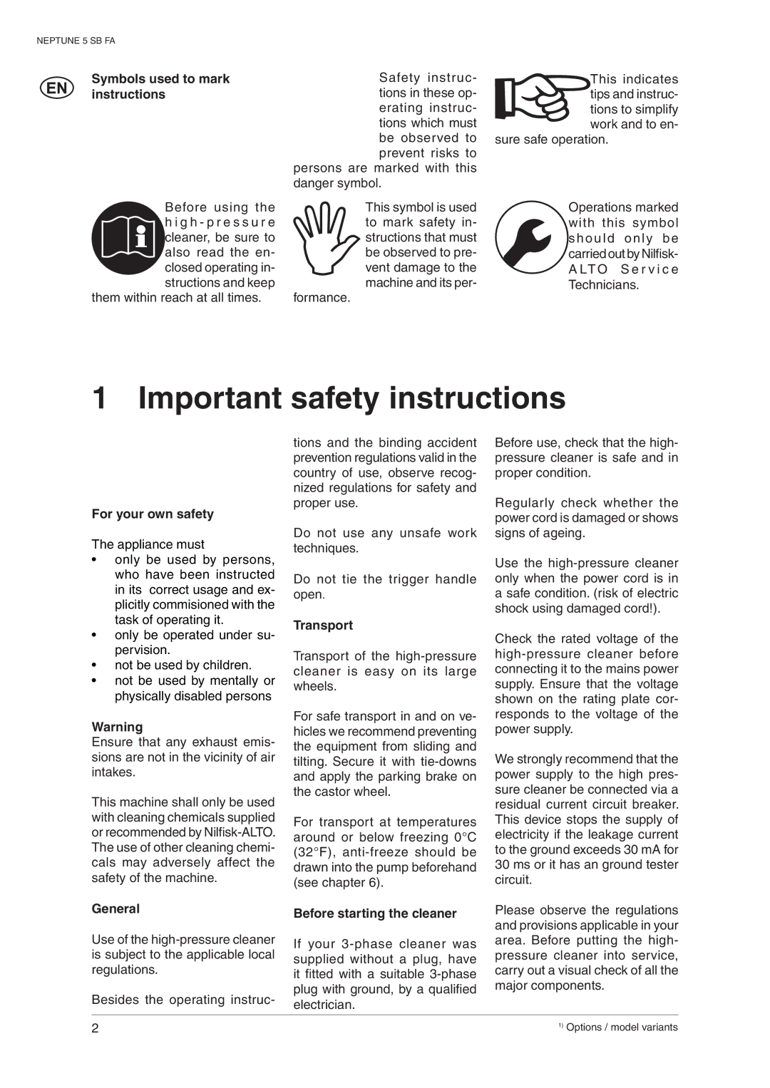 Nilfisk-ALTO 5 SB FA Important safety instructions, Symbols used to mark instructions, For your own safety, General 