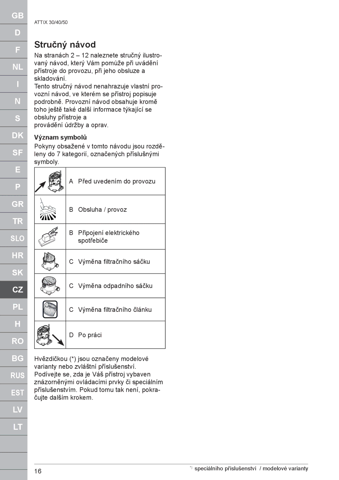 Nilfisk-ALTO 50/PC/XC, 40/PC/XC quick start Stručný návod, Význam symbolů 