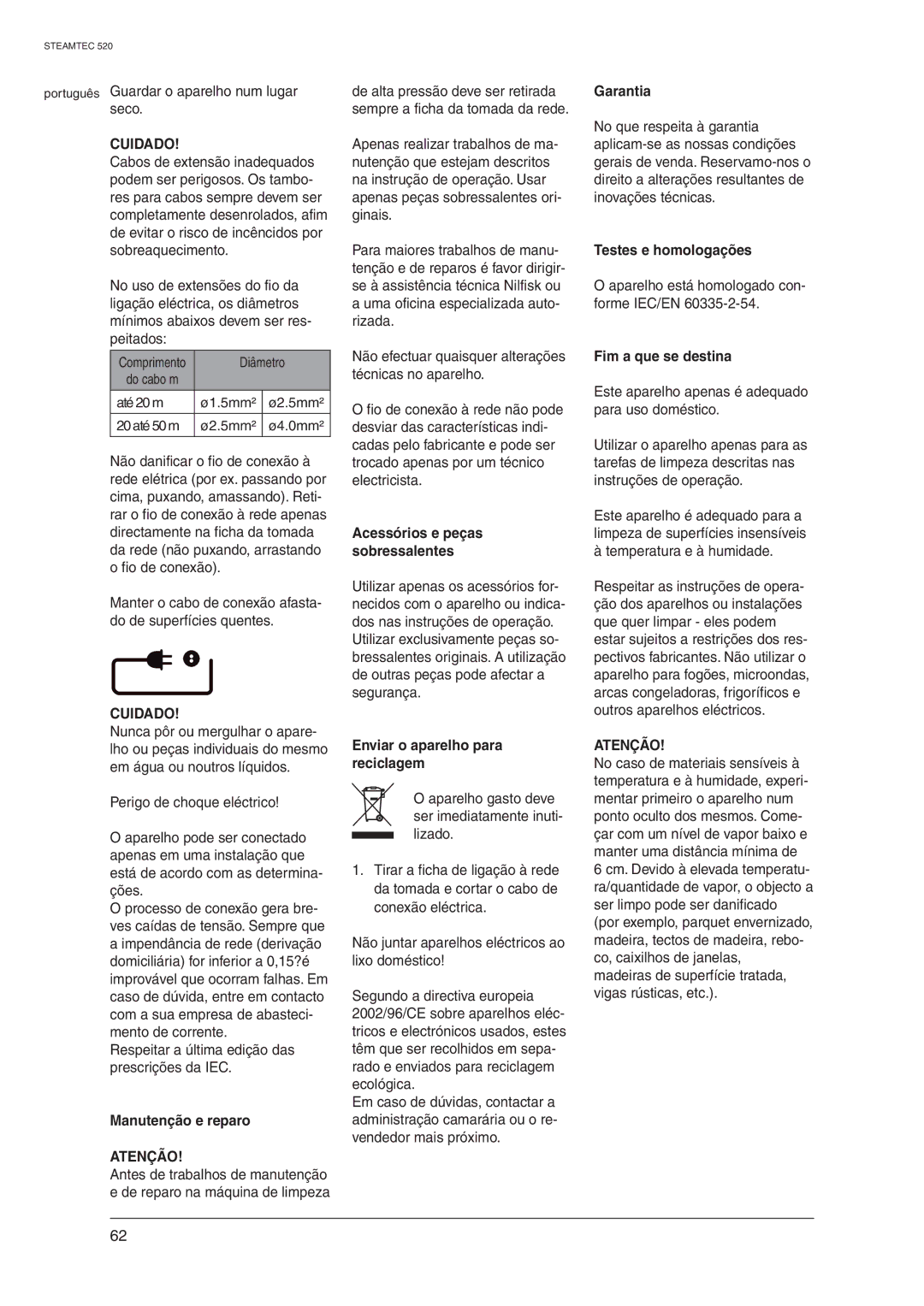 Nilfisk-ALTO 520 manual Atenção 