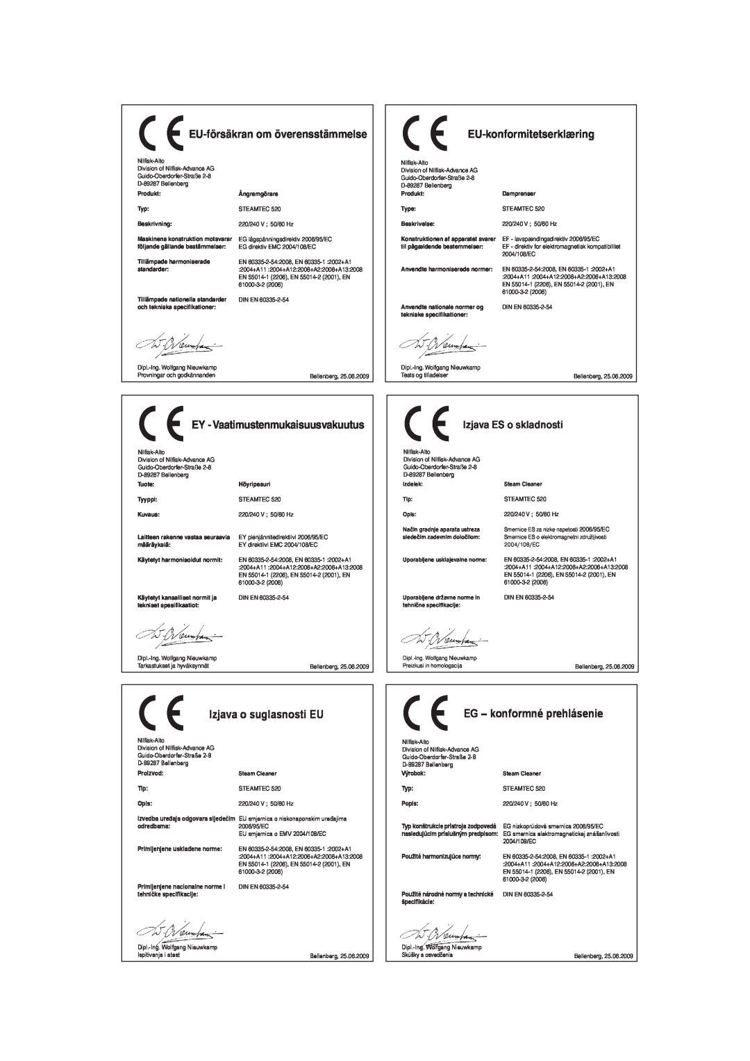 Nilfisk-ALTO 520 manual EU-försäkran om överensstämmelse, EU-konformitetserklæring, EY - Vaatimustenmukaisuusvakuutus 