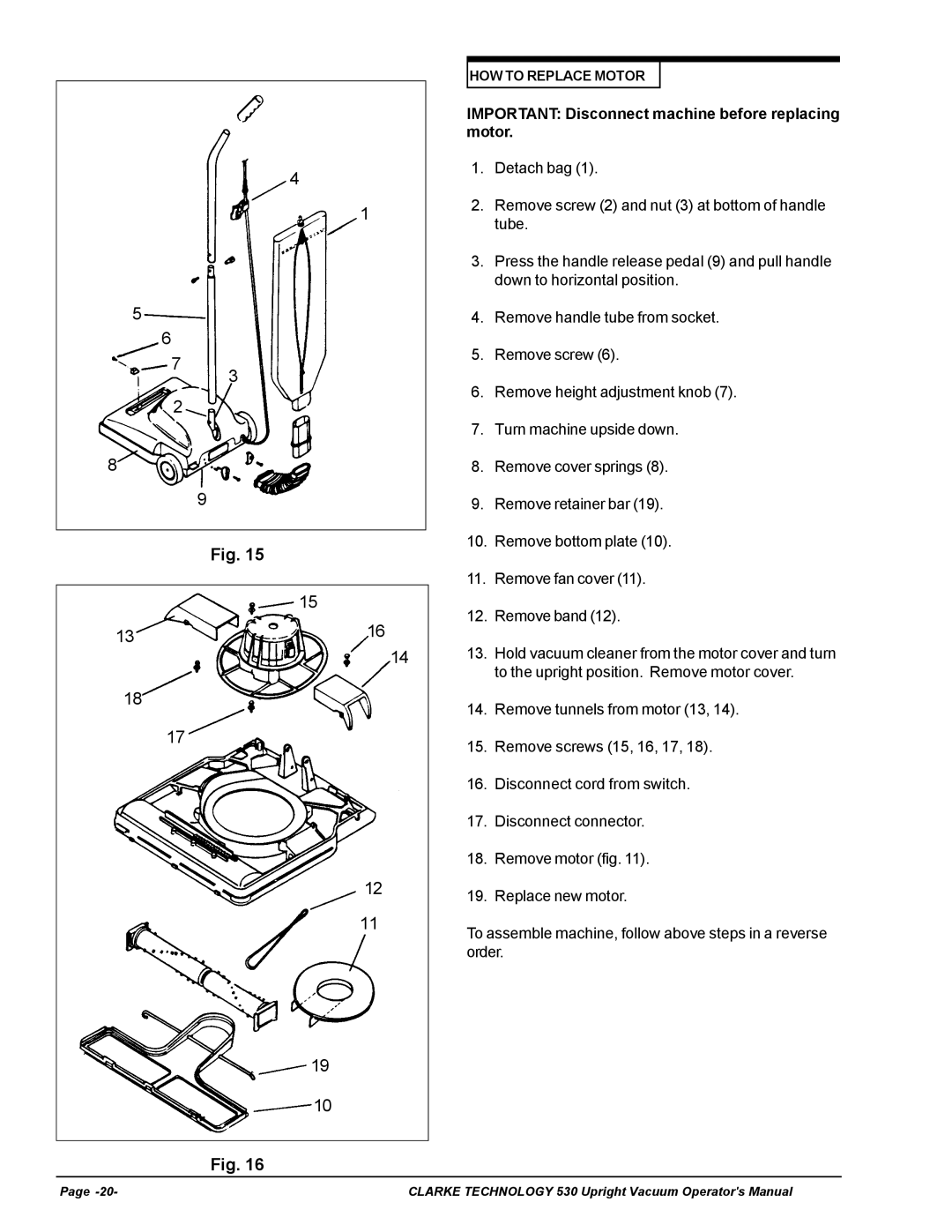 Nilfisk-ALTO 530cc manual Important Disconnect machine before replacing motor 