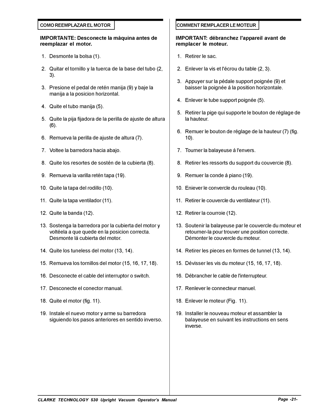 Nilfisk-ALTO 530cc manual Important débranchez lappareil avant de remplacer le moteur 