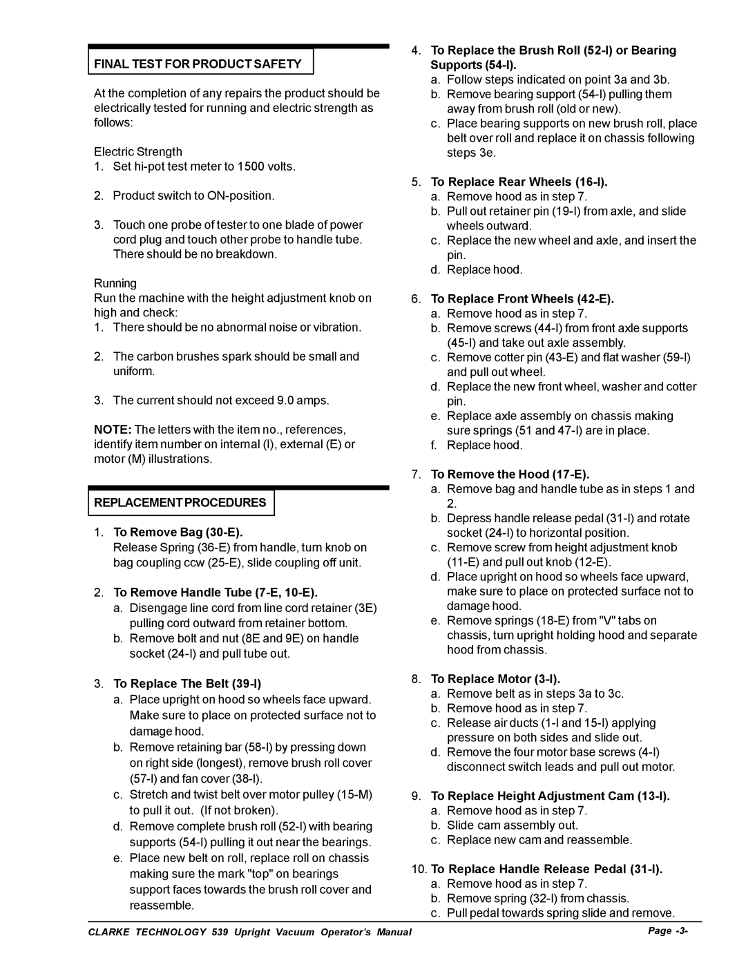 Nilfisk-ALTO 530cc manual Final Test for Product Safety, Replacement Procedures 