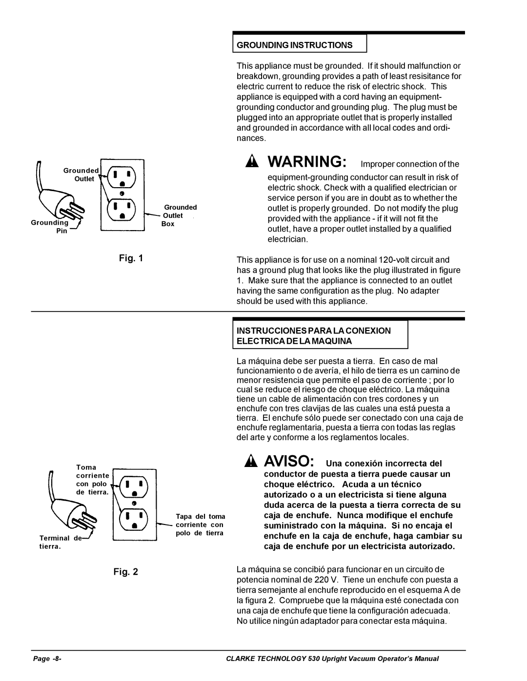 Nilfisk-ALTO 530cc manual Grounding Instructions, Instrucciones Para LA Conexion Electrica DE LA Maquina 