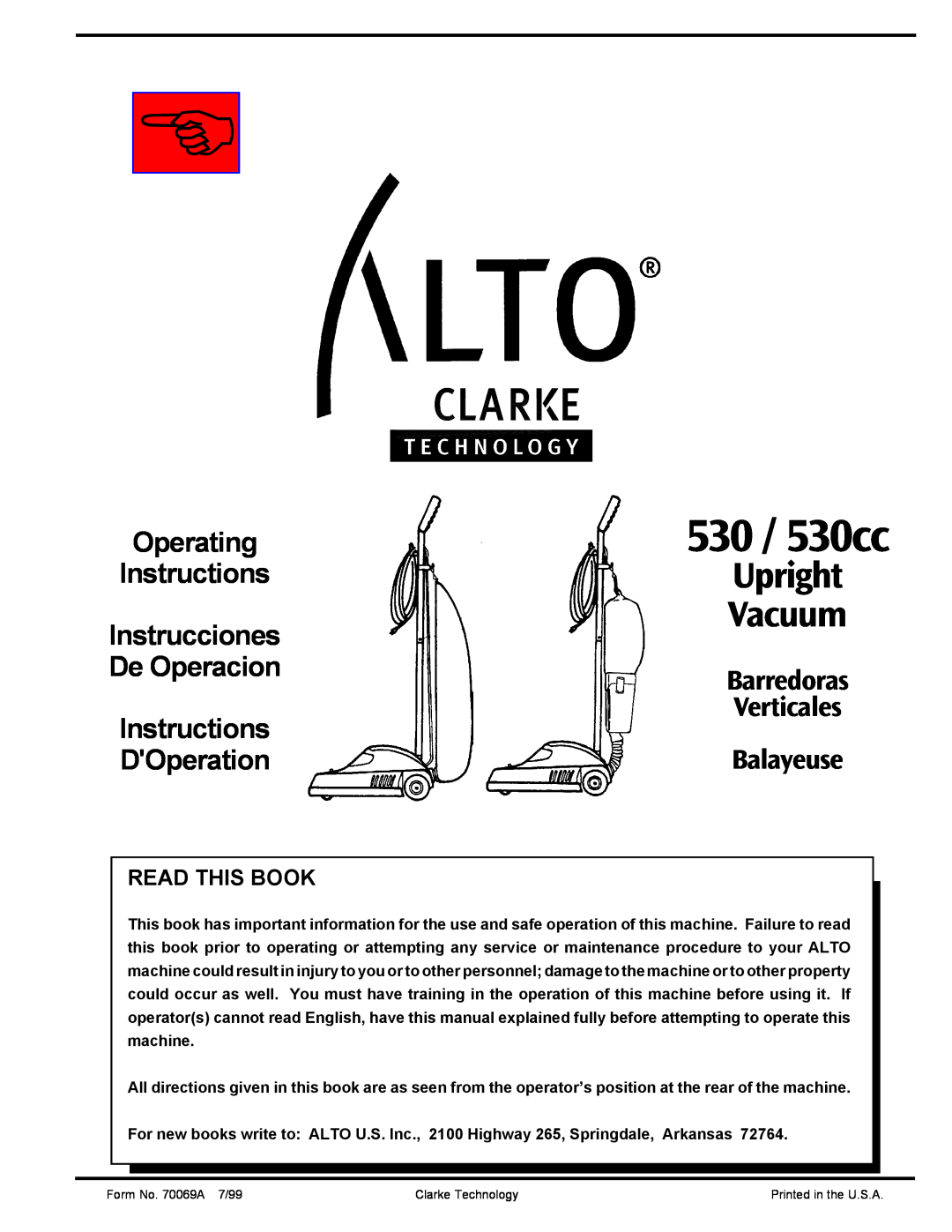 Nilfisk-ALTO manual Verticales, Read This Book, 530 / 530cc, Upright, Vacuum, Operating, Instructions, Instrucciones 