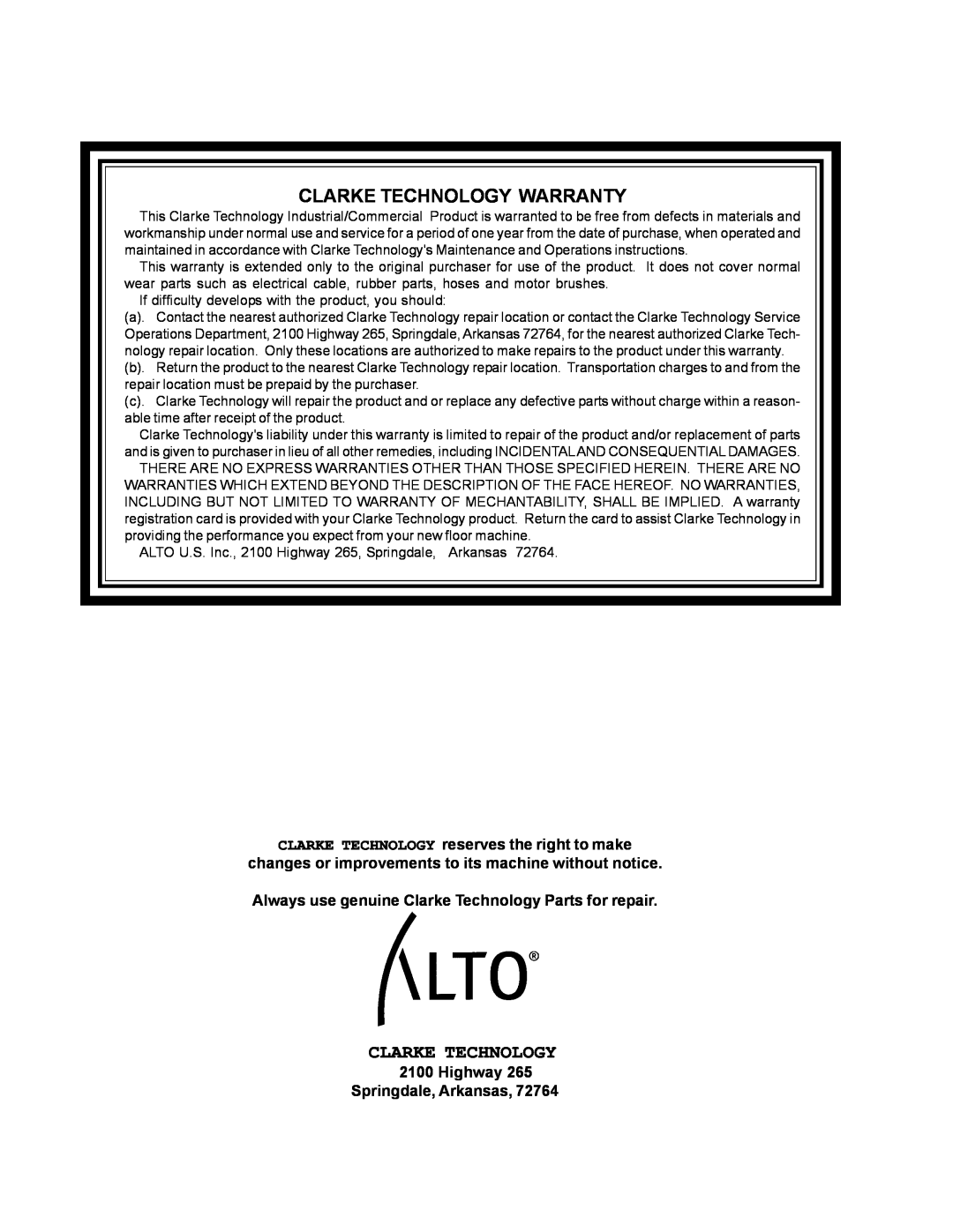 Nilfisk-ALTO 530cc manual Clarke Technology Warranty 