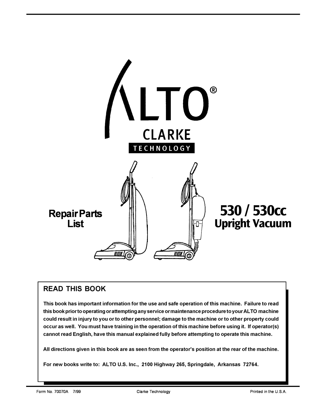 Nilfisk-ALTO manual 530 / 530cc, Upright Vacuum, RepairParts List, Read This Book 