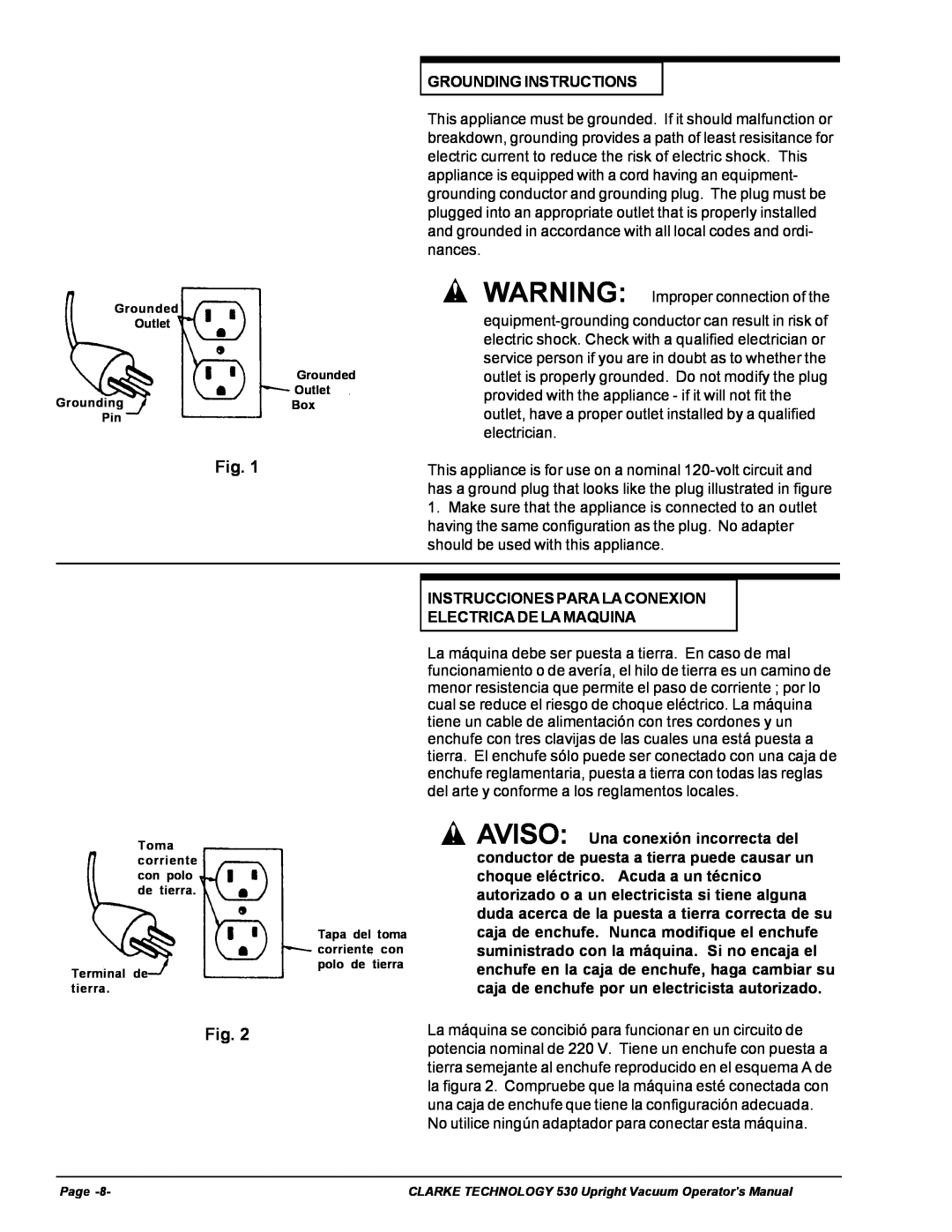Nilfisk-ALTO 530cc manual Grounding Instructions, Instrucciones Para La Conexion, Electrica De La Maquina 