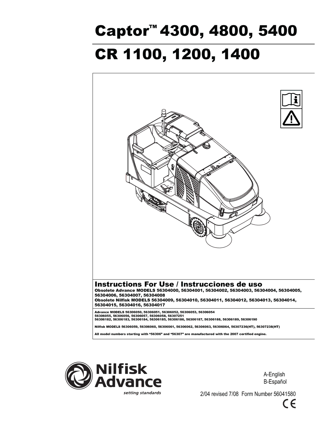 Nilfisk-ALTO 5400 manual Captor 4300, 4800 CR 1100, 1200 