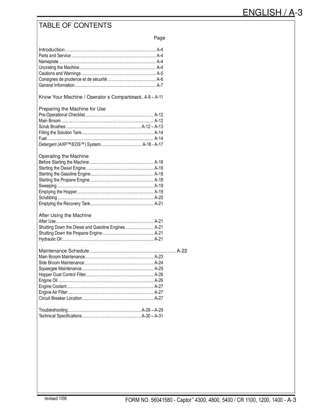 Nilfisk-ALTO 5400, 4800, 4300 manual English / A-3, Table of Contents 