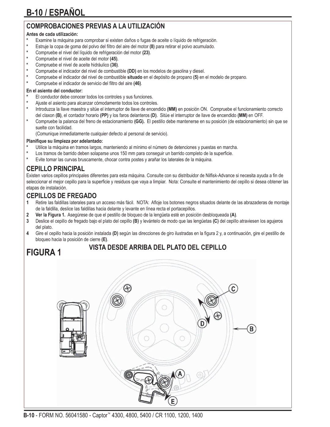 Nilfisk-ALTO 4800, 5400, 4300 10 / Español, Comprobaciones Previas a LA Utilización, Cepillo Principal, Cepillos DE Fregado 