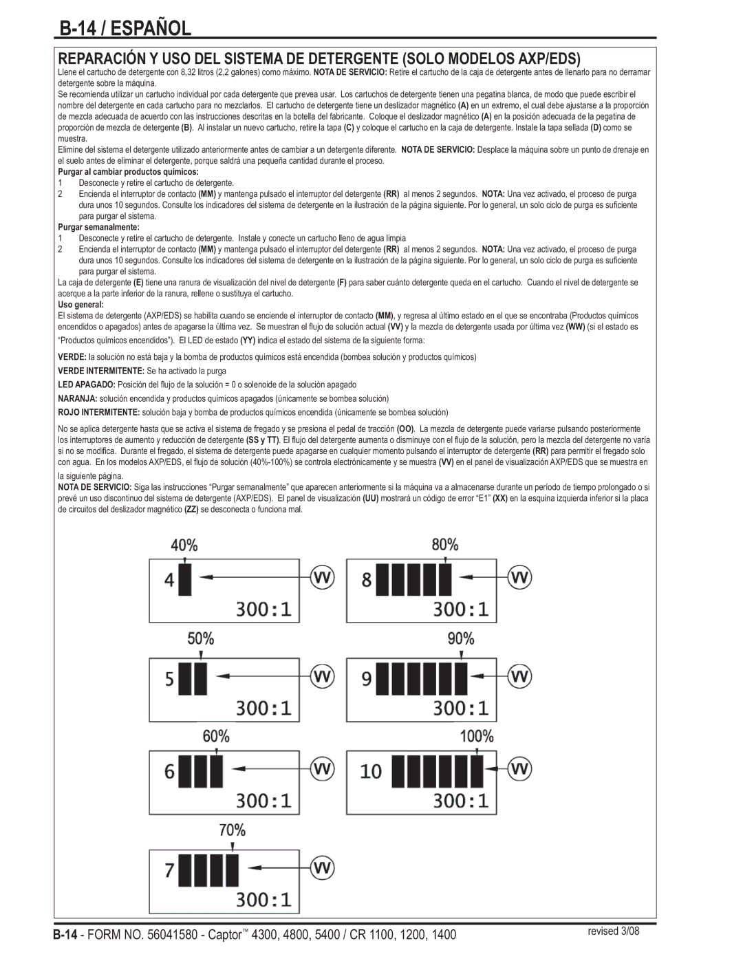 Nilfisk-ALTO 4300, 5400, 4800 manual 14 / Español, Purgar al cambiar productos químicos 