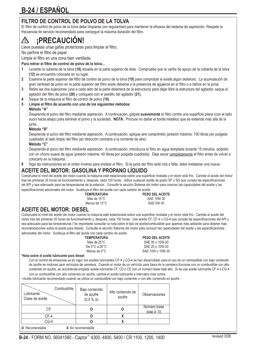 Nilfisk-ALTO 5400, 4800 24 / Español, Filtro DE Control DE Polvo DE LA Tolva, Aceite DEL Motor Gasolina Y Propano Líquido 