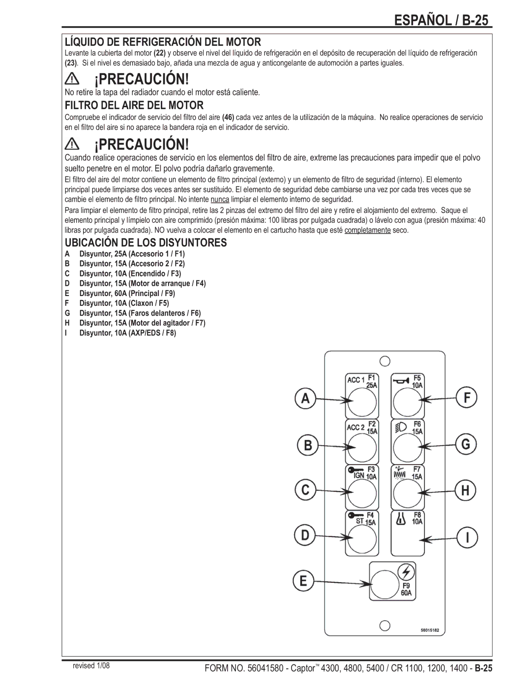 Nilfisk-ALTO 4800, 5400, 4300 manual Español / B-25, Líquido DE Refrigeración DEL Motor, Filtro DEL Aire DEL Motor 