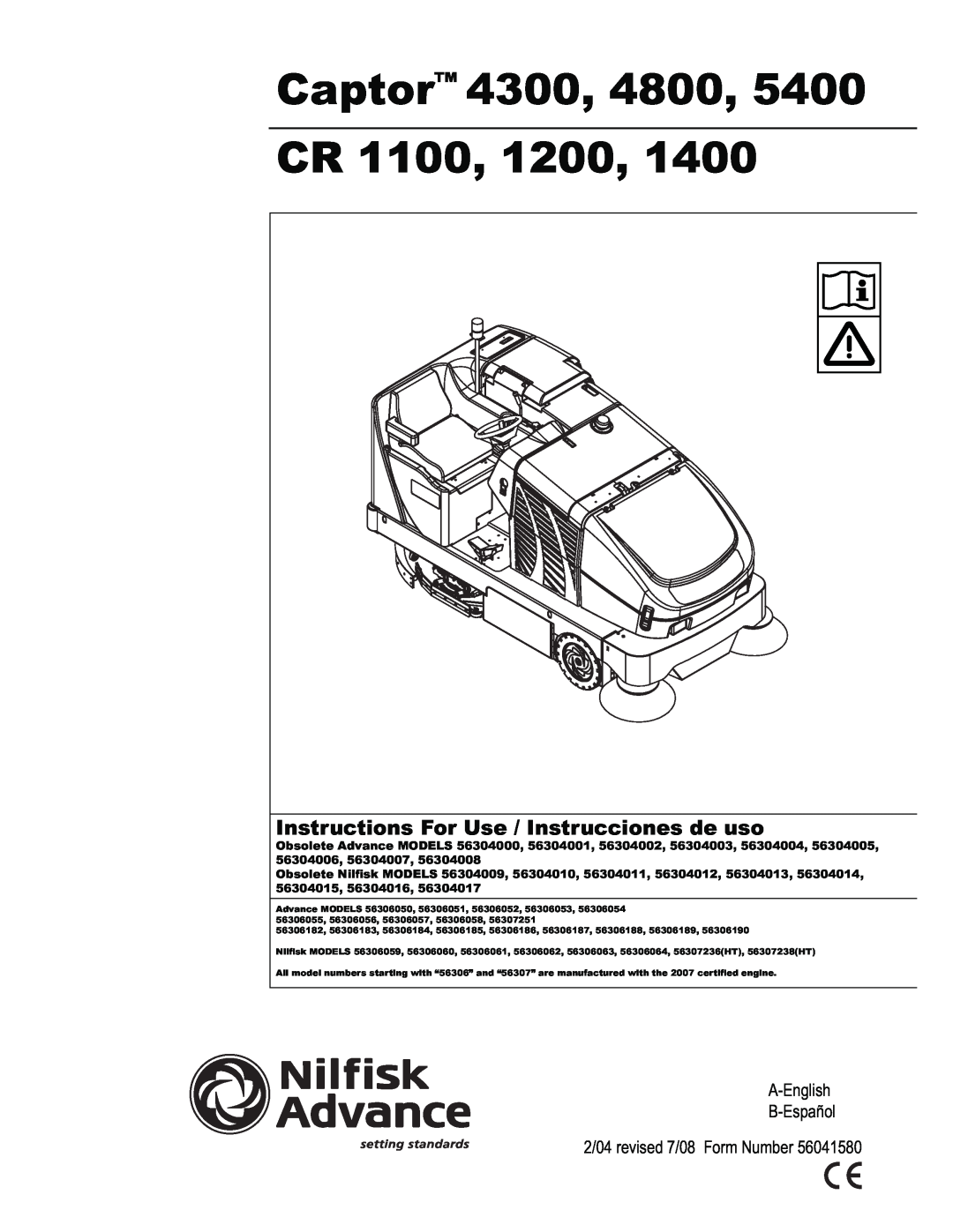 Nilfisk-ALTO 5400 manual Instructions For Use / Instrucciones de uso, Captor 4300, 4800, CR 1100, 1200 