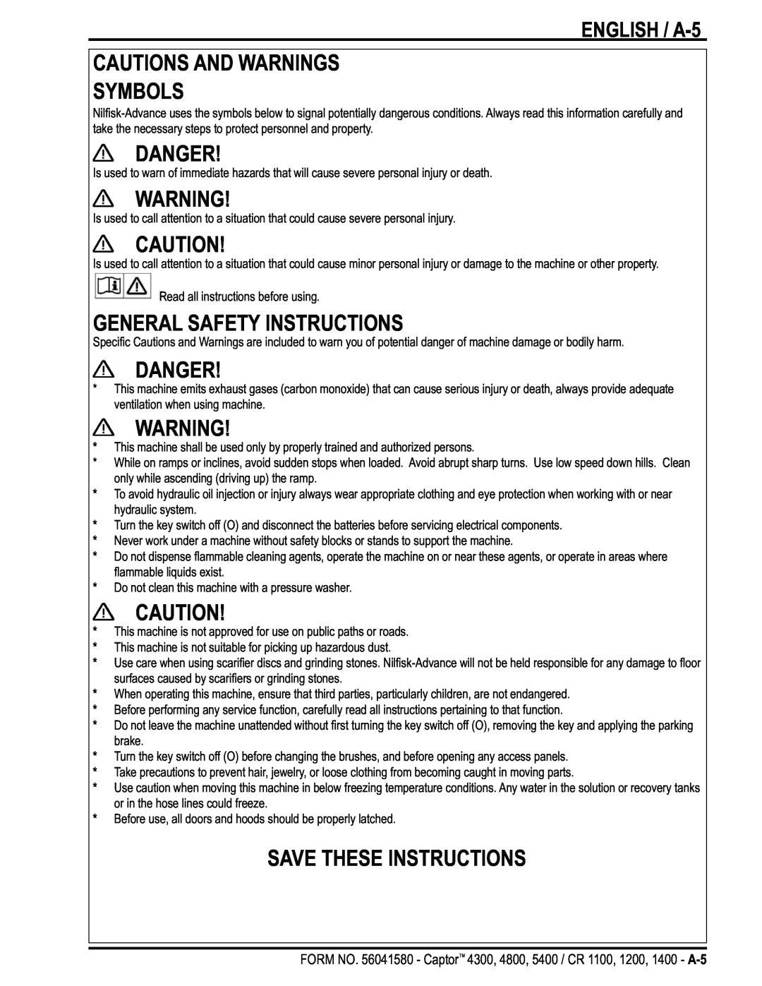 Nilfisk-ALTO 4300, 5400, 4800 Cautions And Warnings Symbols, Danger, General Safety Instructions, Save These Instructions 