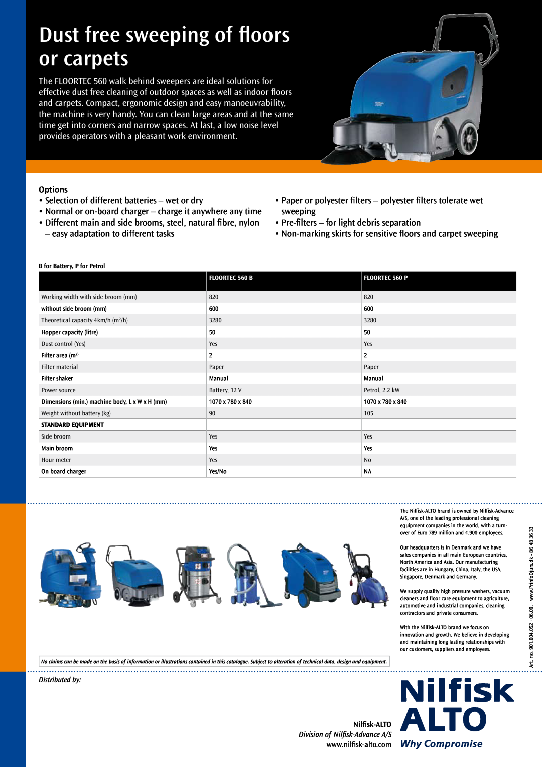 Nilfisk-ALTO 560 manual Options, Dust free sweeping of floors or carpets, Distributed by, Nilfisk-ALTO, Standard equipment 