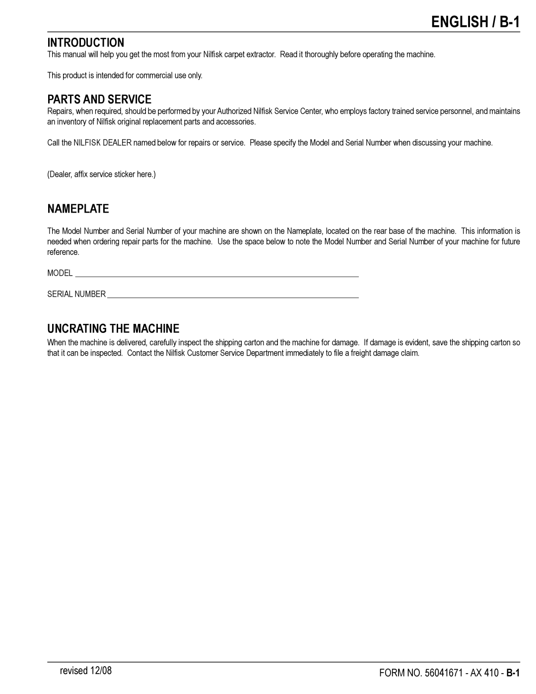 Nilfisk-ALTO 56265007, 56265002 manual English / B-1, Introduction, Parts and Service, Nameplate, Uncrating the Machine 