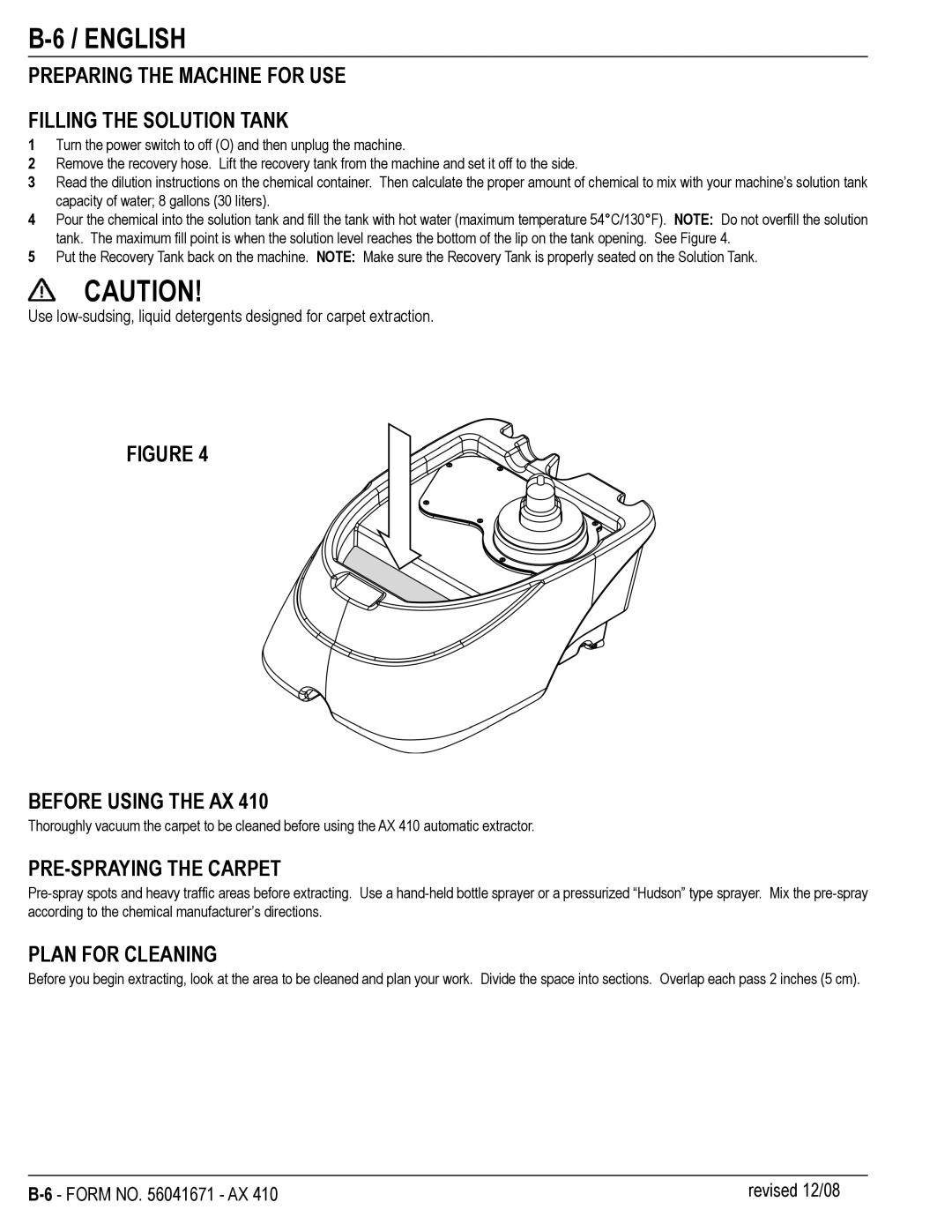 Nilfisk-ALTO 56265002 Preparing the Machine for USE Filling the Solution Tank, Before Using the AX, Plan for Cleaning 